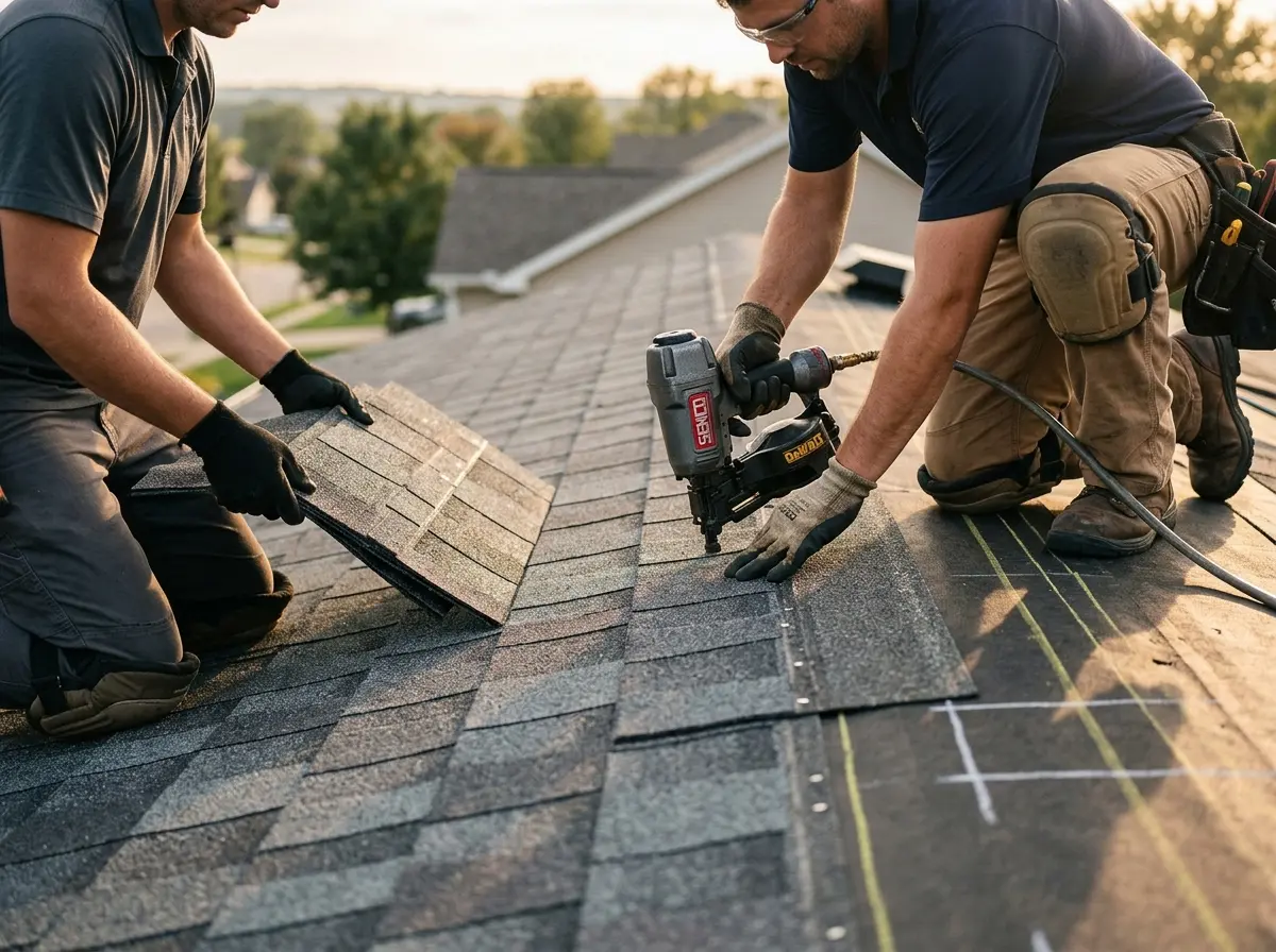 Professional roofer working on a residential roof in Oakdale